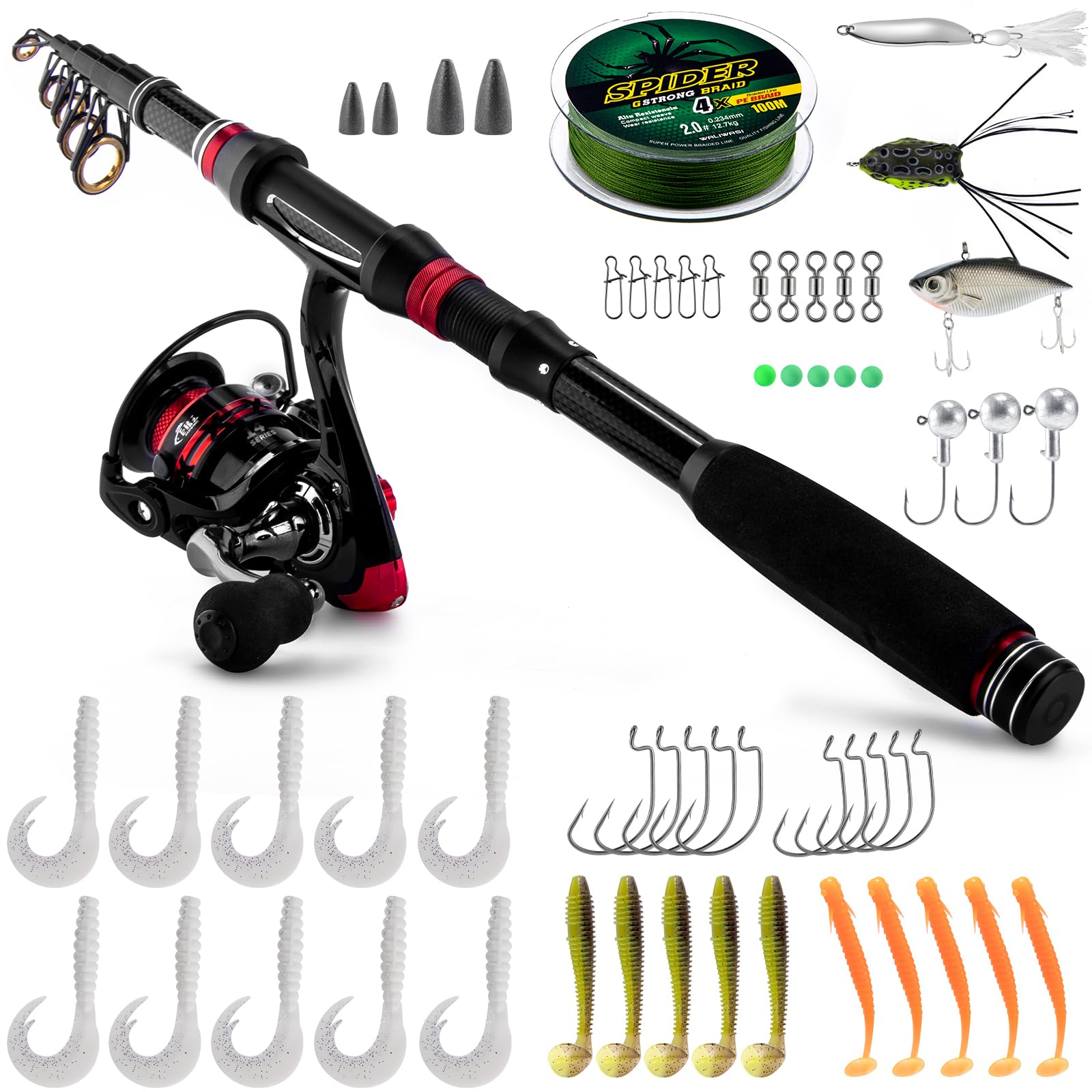 Dr.Fish Fishing Rod Reel Combo Telescopic Fishing Rod and Spinning Reel Handy Complete Set with Line Lures Fully Accessories for Saltwater Freshwater and Gift, 2.4M