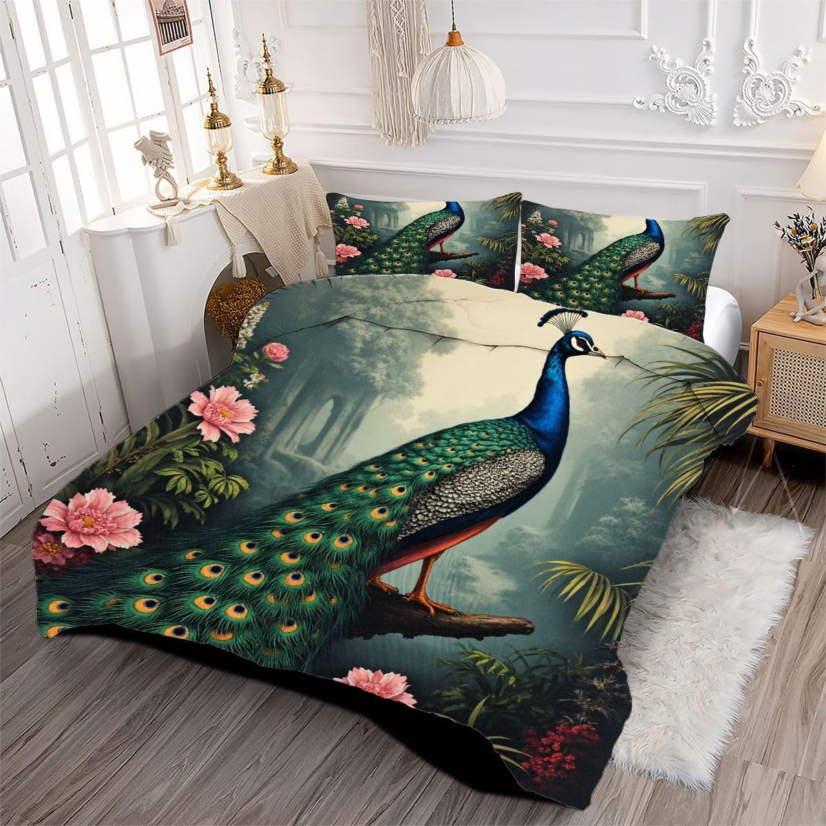 Kołdra podwójny rozmiar zwierzę paw, 100% bawełna wypełniona kołdrą podwójny rozmiar 180 x 180 cm na wszystkie pory roku, wygodna i można prać w pralce kołdra z narożnymi zakładkami + 2