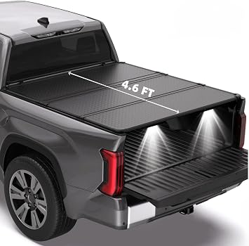 4.6FT Hard Folding Truck Bed Tonneau Cover with Lamps Replacement for 2022 2023 2024 2025 Ford Maverick Rear Upper Tonneau Cover Tri-Fold Style Waterproof Tonneau Covers Mustrod