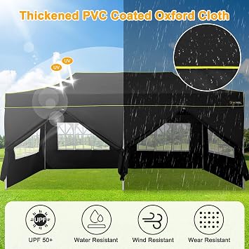 HOTEEL 10x20 Pop Up Canopy Tent, Upgraded Thickened Hexagonal Legs, Black