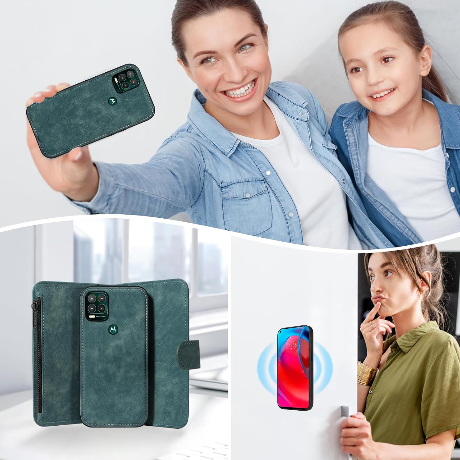 Asuwish Phone Case for Moto G Stylus 5G 2021 Zipper Wallet Detachable Magnetic Cover with Tempered Glass Screen Protector Crossbody Lanyard Card Holder Motorola GStylus G5 XT2131DL Women Girls Blue