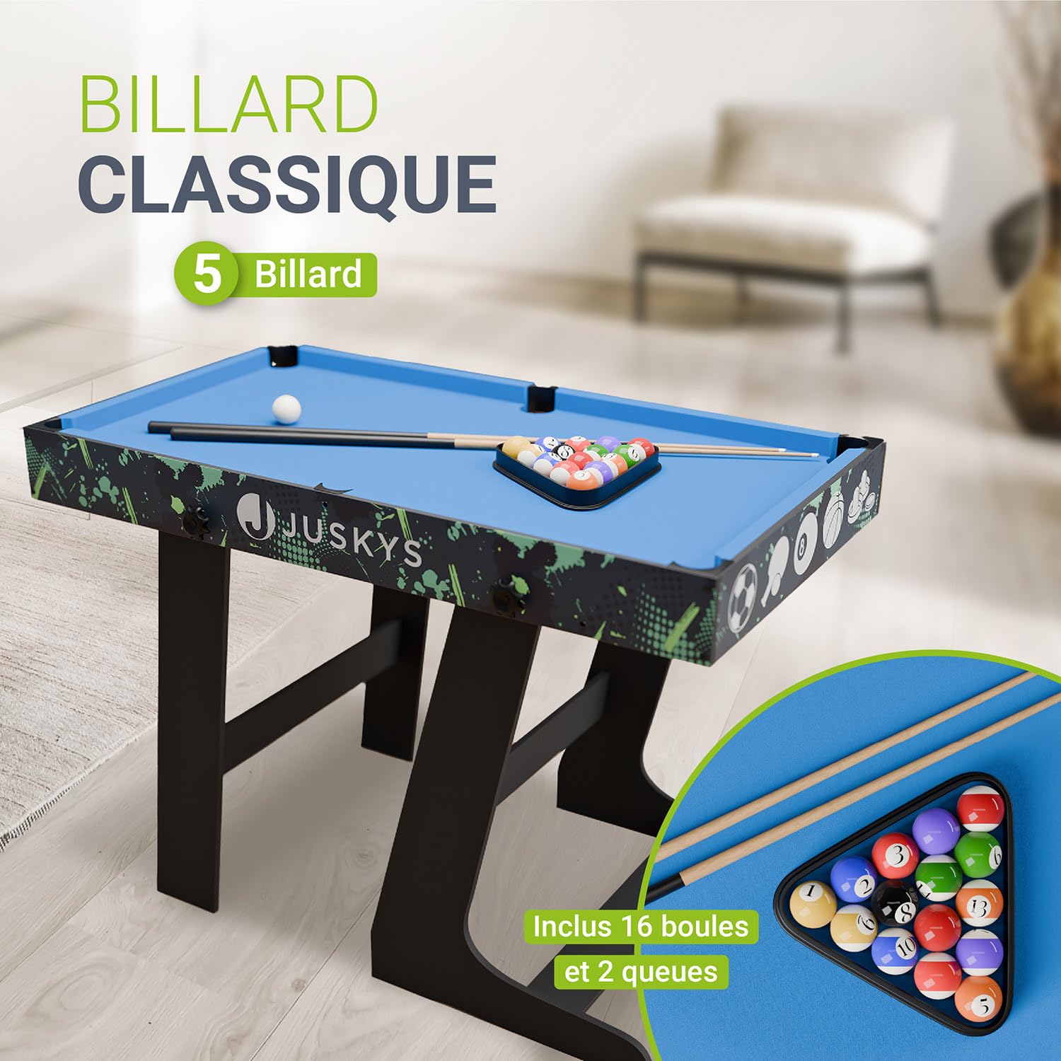Juskys Table Multi-Jeux Ballzauber 5-en-1 - Table Pliante pour Enfants avec 5 Tables : ping-Pong, Baby-Foot, Billard, Hockey & Basket