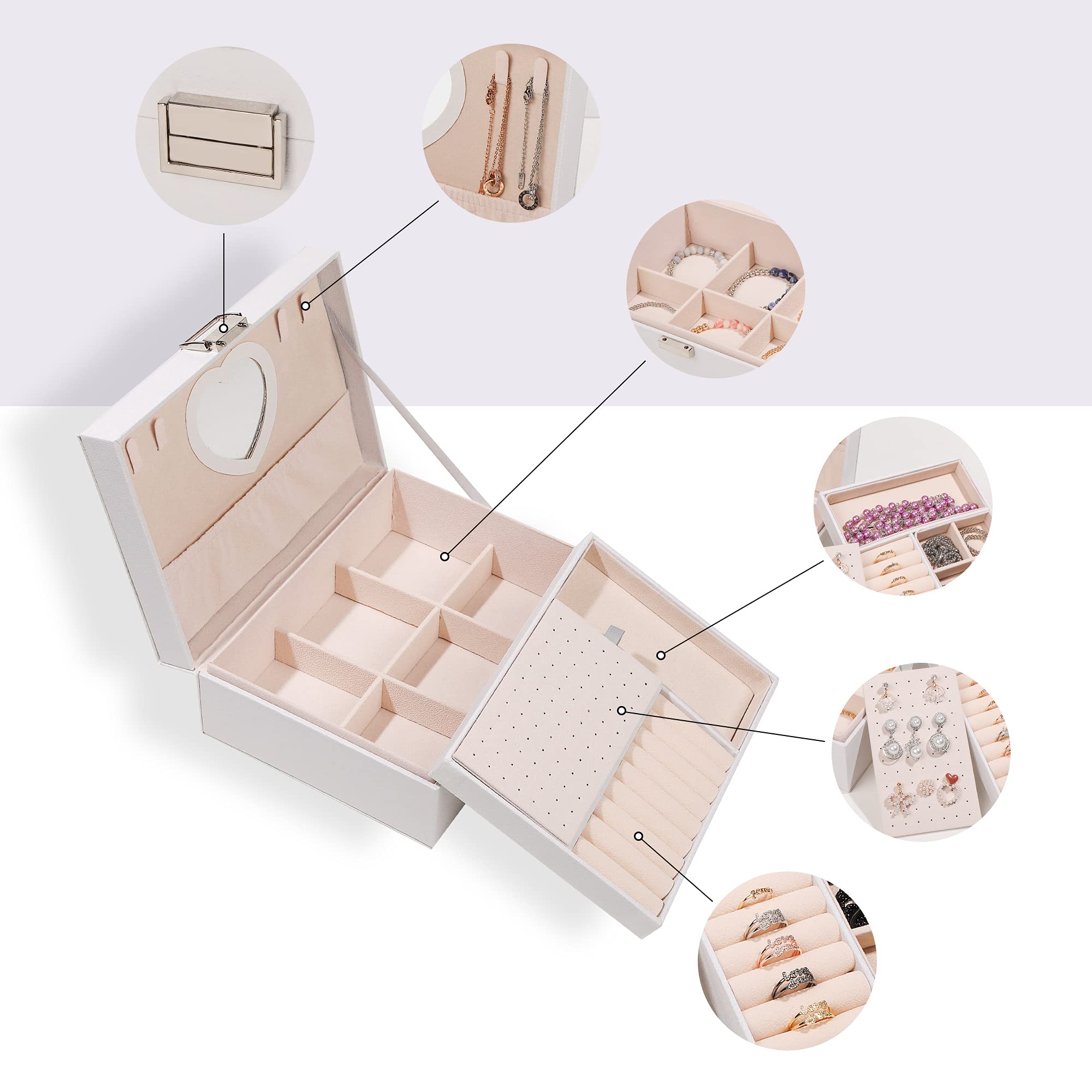 Schmuckkästchen für Mädchen, zweilagig, PU-Leder, Schmuck-Organizer-Box, mit Schloss und Herz-Spiegel