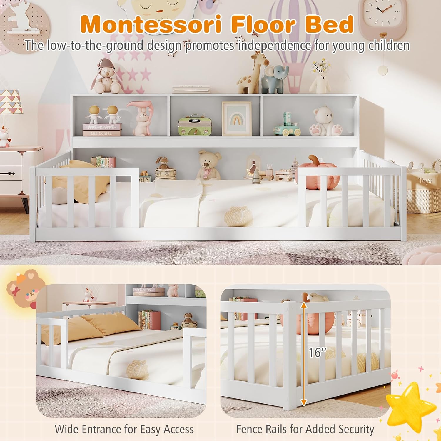 Close-up of the Giantex floor bed showing low height, wide entrance, and safety fence rails