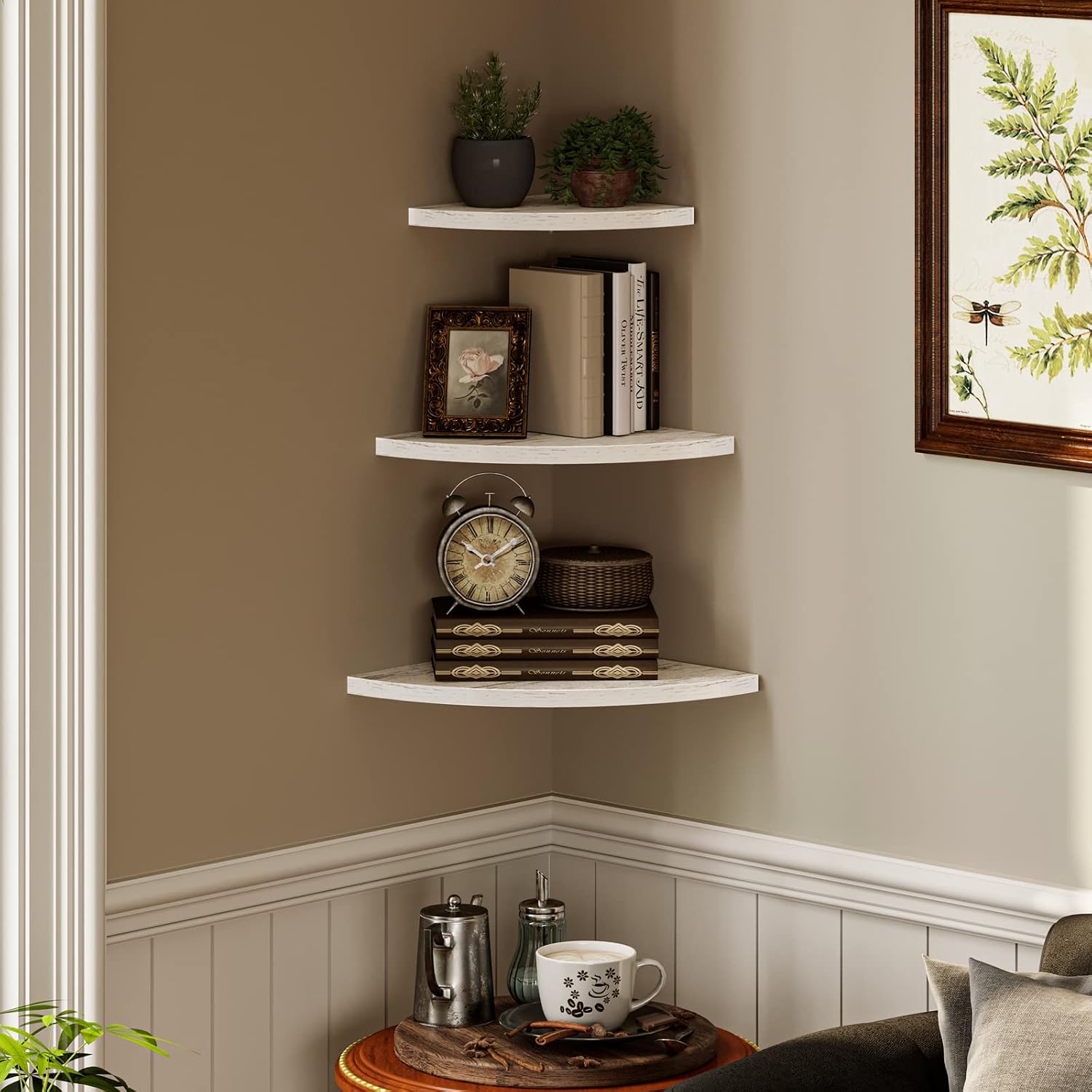 OROPY Wall Mount Solid Wood Floating Corner Shelves Set of 3, Rustic Wall Storage Display Shelf for Bedroom, Living Room, Kitchen (11.4-9.8 -7.8 inches) - Rustic White