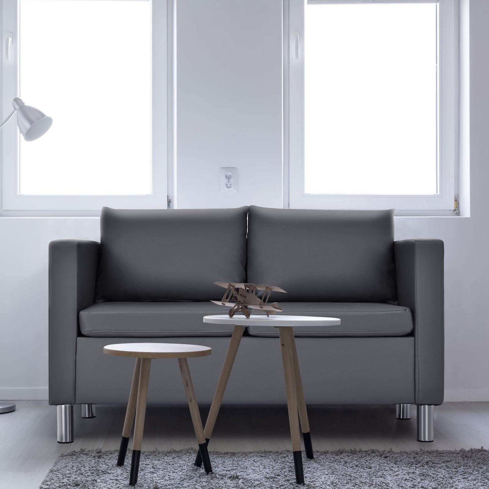 HOMASIS Divano a 2 posti, con cuscino per schienale e seduta rimovibili, con piedini in metallo, divano lounge per soggiorno e ufficio, 120 x 60 x 62,5 cm, grigio