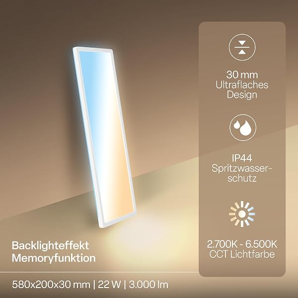 B.K.Licht - LED Deckenlampe, Flach, Dimmbar, Indirektes Licht, CCT warmweiß bis tageslichtweiß, IP44, Panel, Deckenleuchte, Kinderzimmer, Badezimmer Lampe, Küchenlampe, 58x20x3 cm, Weiß - 2