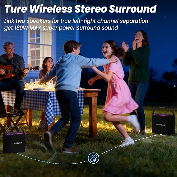 BESTISAN Bluetooth Speakers 2.1CH with 90W Max & 50W Subwoofer, Stereo Loud Sound, 7 RGB Lights, 15H Playtime, Hands-Free Calling, TWS, Portable for Outdoor Party, Camping, Travel, Garage, Workshop