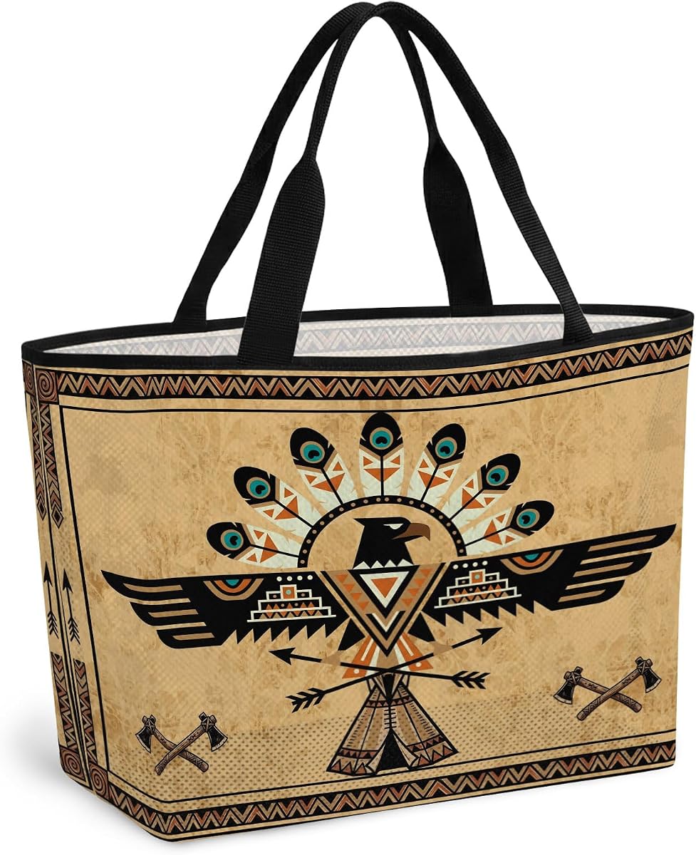 Brown Tribal Mesh Beach Bag,Ethnic Eagle Icon Geometric Traditional Large Beach Tote Waterproof Sandproof Pool Cruise Bag