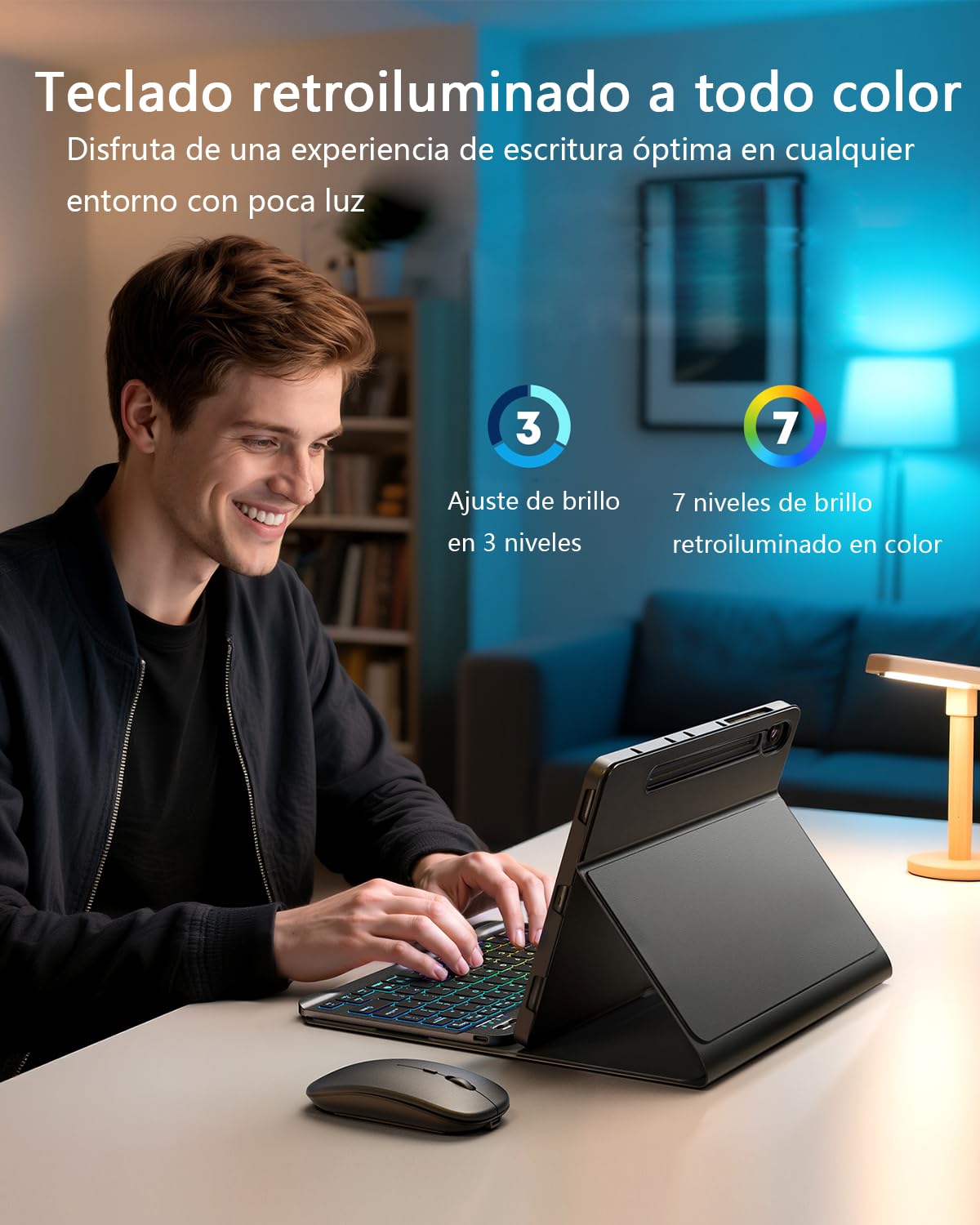 para Samsung Galaxy Tab S10 Lite /Tab S10 FE /Tab S9 FE /Tab S9 /Tab S8/Tab S7 10,9-11 Pulgadas Funda con Teclado inalámbrico Bluetooth retroiluminado (Teclado QWERTY, distribución española) y ratón