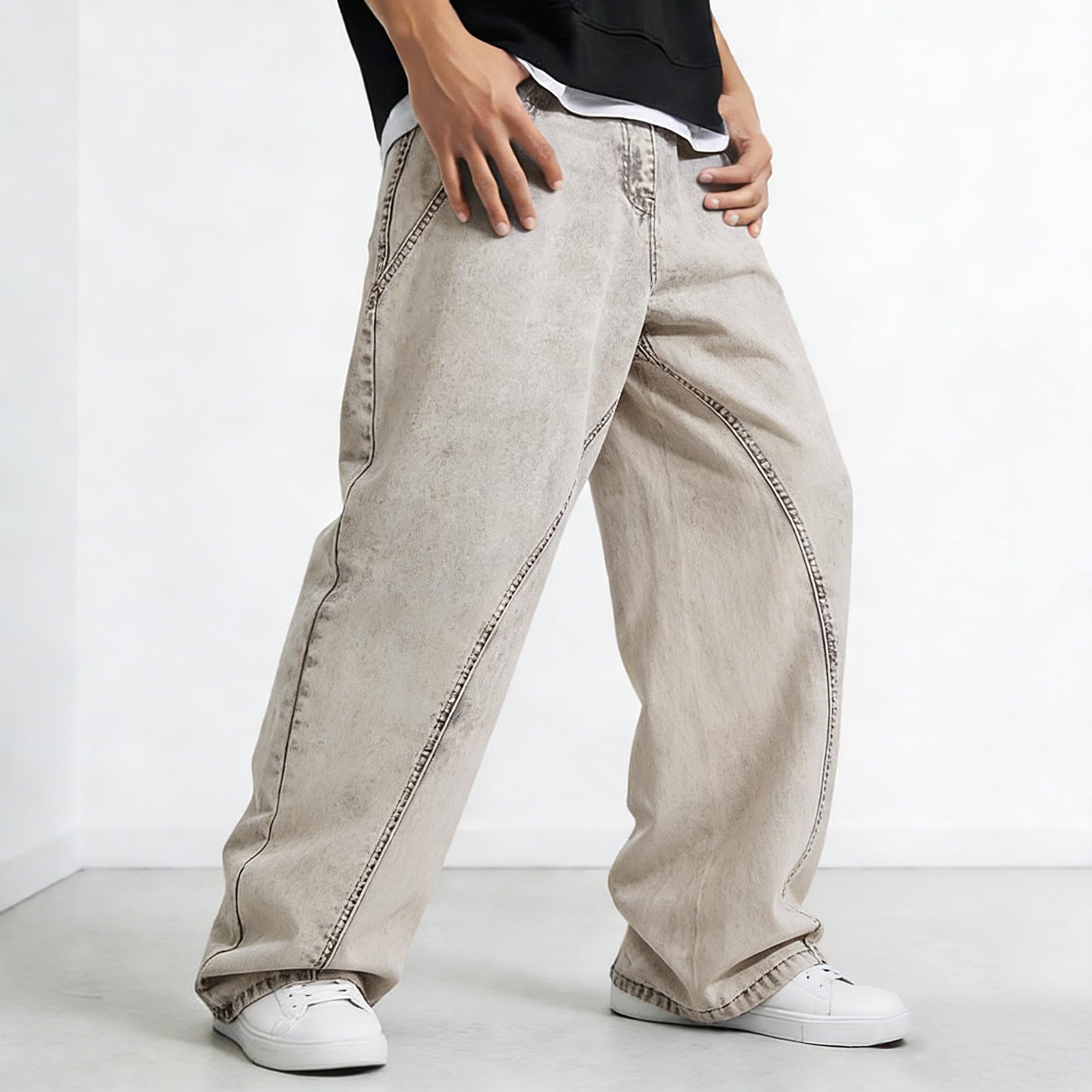 Baggy Jeans da uomo a vita alta, pantaloni in jeans dritti a gamba larga, con tasche, vintage, patchwork denim, per feste, hip hop, pantaloni da uomo, alla moda, per attività all'aria aperta