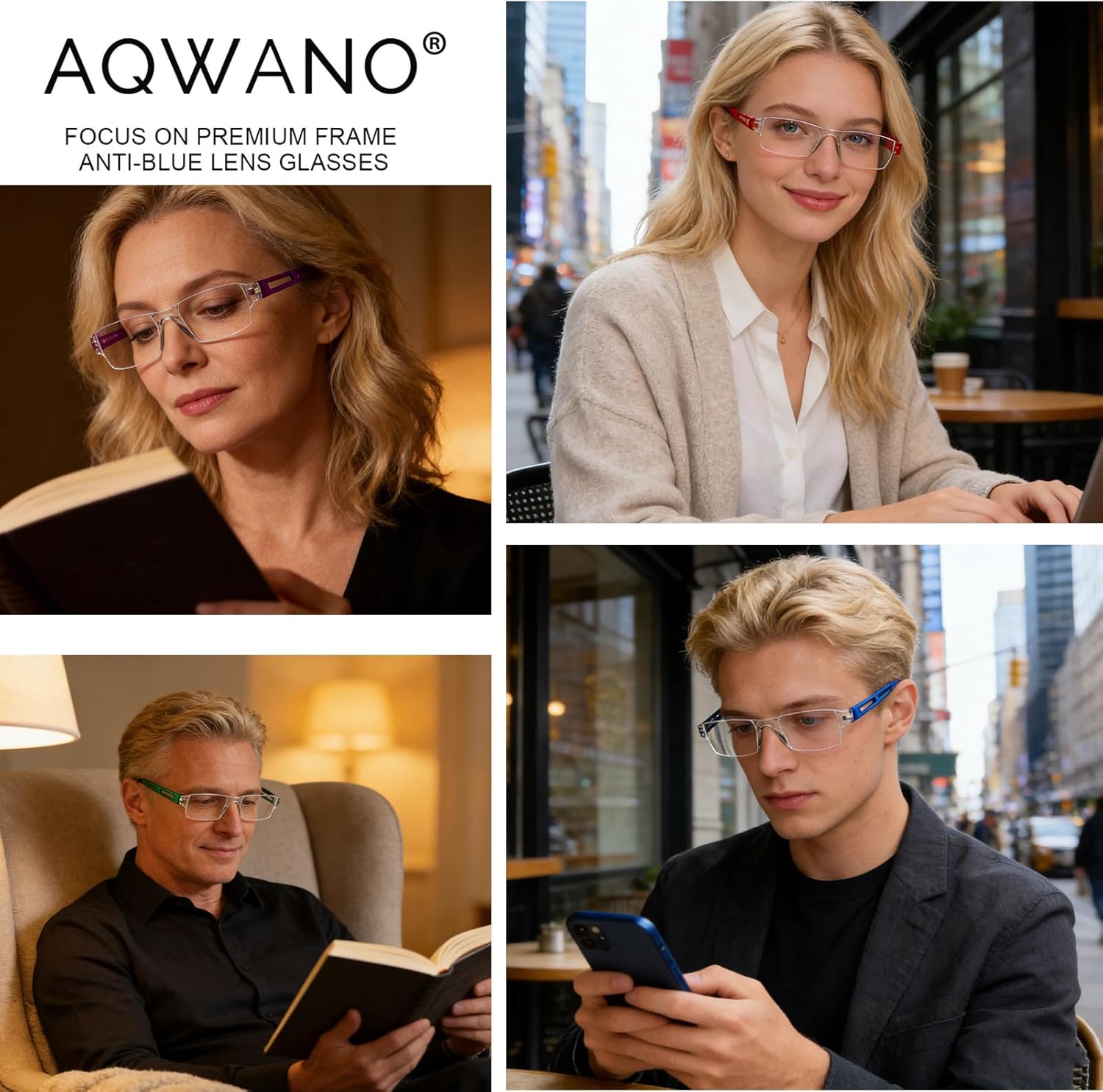 AQWANO 5 Pack Rimless Reading Glasses Women Men Blue Light Block, Lightweight Clear Frames Computer Readers Anti Glare