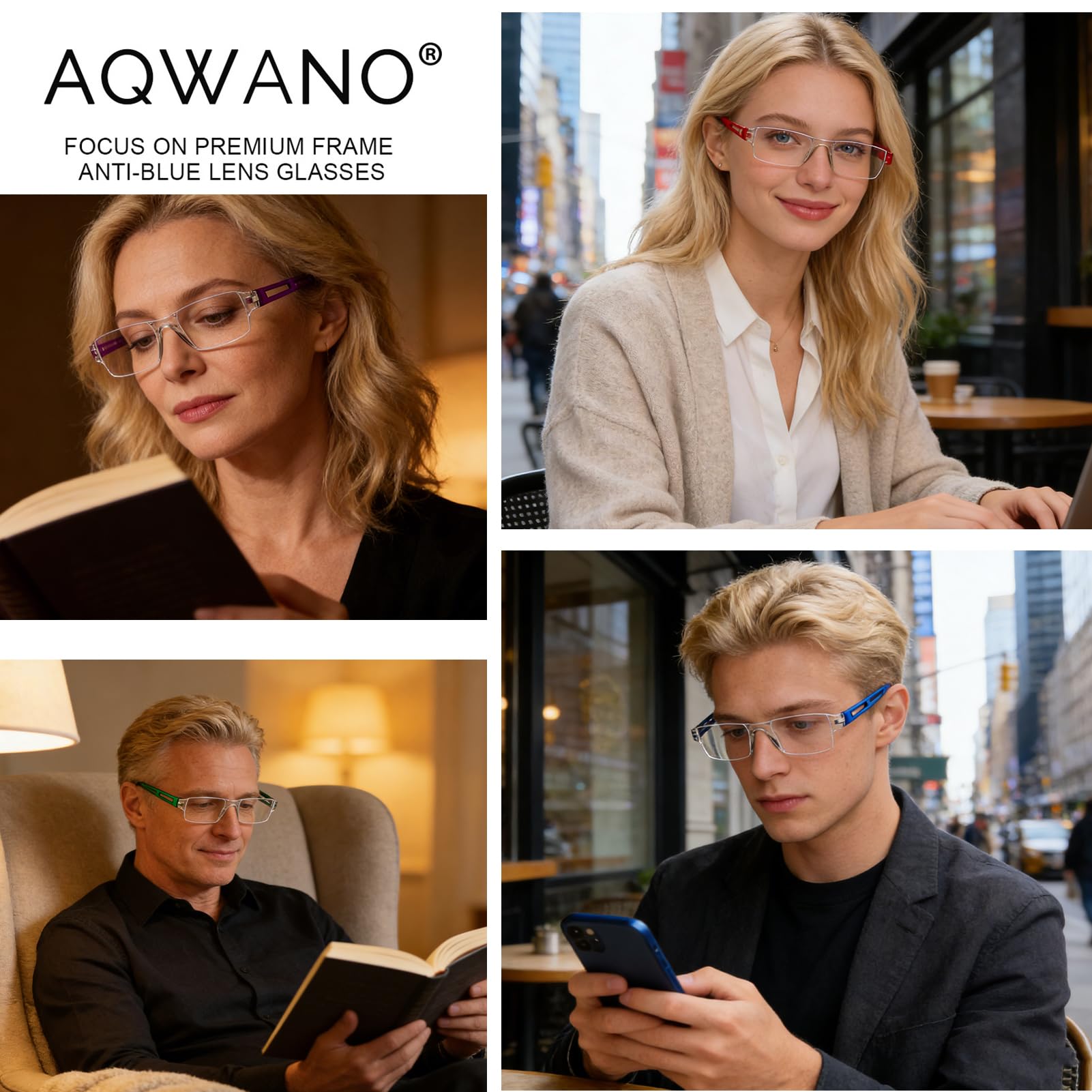 AQWANO Blaulichtblockierende Lesebrille für Damen und Herren, 5 Stück, transparenter Rahmen, leicht, rahmenlos, entspiegelt