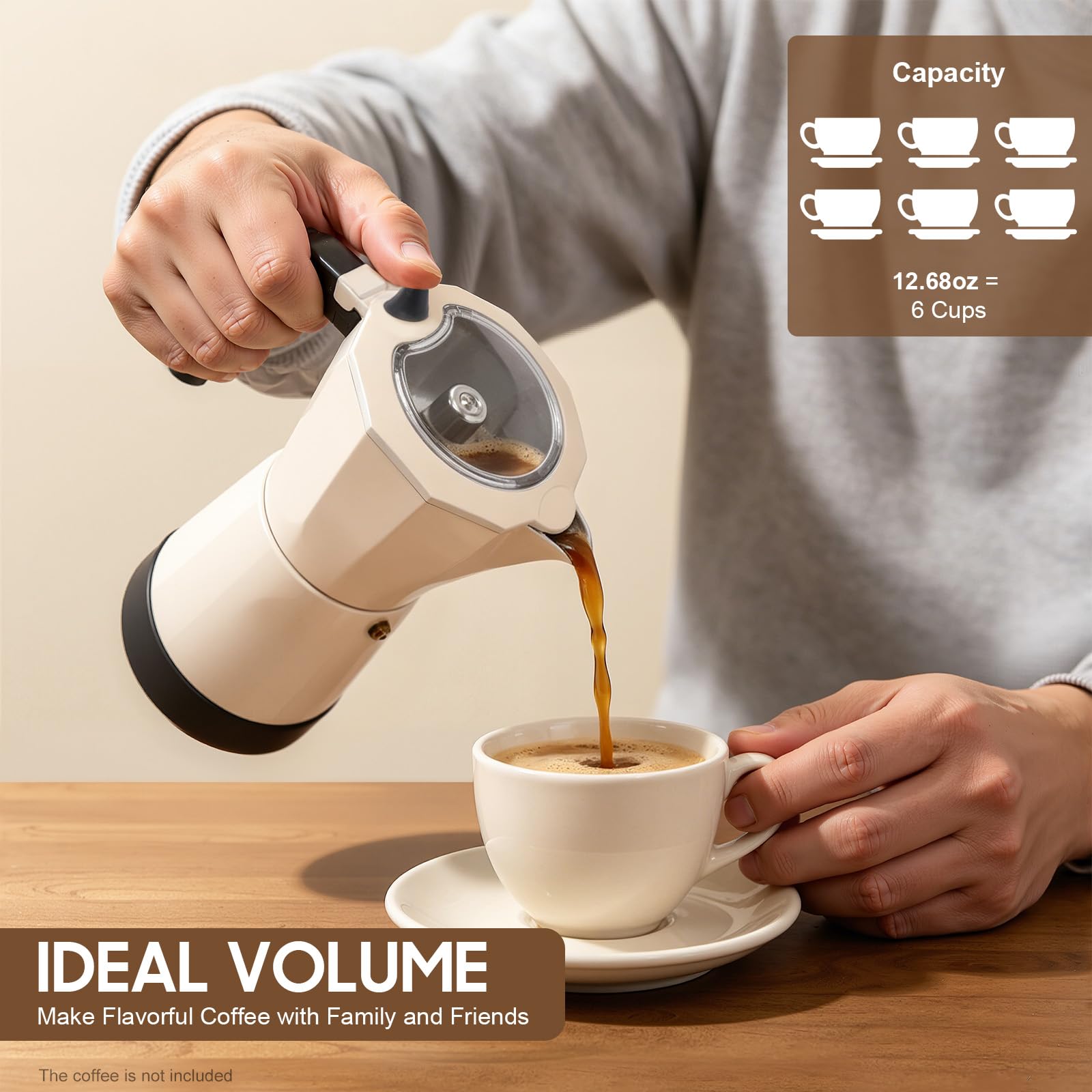 Cafetera eléctrica de 300 ml, cafetera espresso 6 tazas Italia Moka KanneOne-TouchVálvula de seguridad 360° Básica Portátil para el hogar Viaje, Blanco