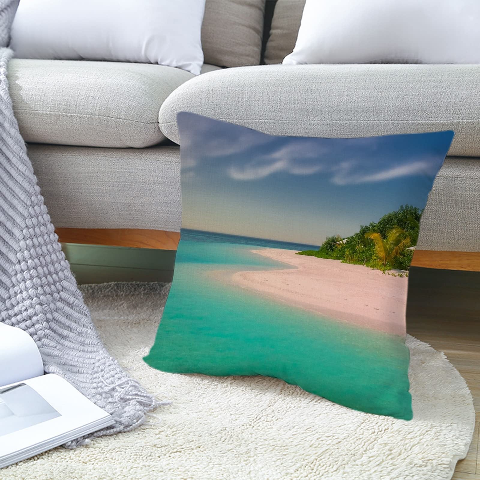 4er Kissenbezug 50x50cm, Kopfkissenbezug Blau Beige Grün Wunderschöner Strand Leinen Kissenbezug Deko Wohnzimmer Schlafzimmer