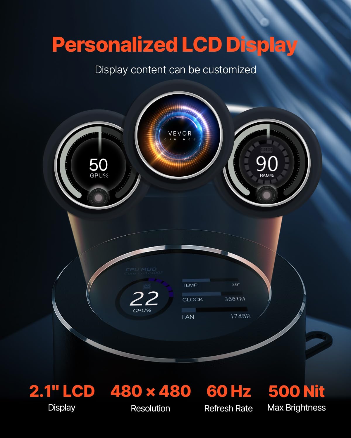 VEVOR Chłodnica cieczy CPU, AIO-CPU – 3 x wentylator i pompa PWN 120 mm, chłodzenie wodą PC z wyświetlaczem LCD 5,3 cm i światłem ARGB, do Intel 115X/1366/2011/1700/1200, AMD AM4/AM5