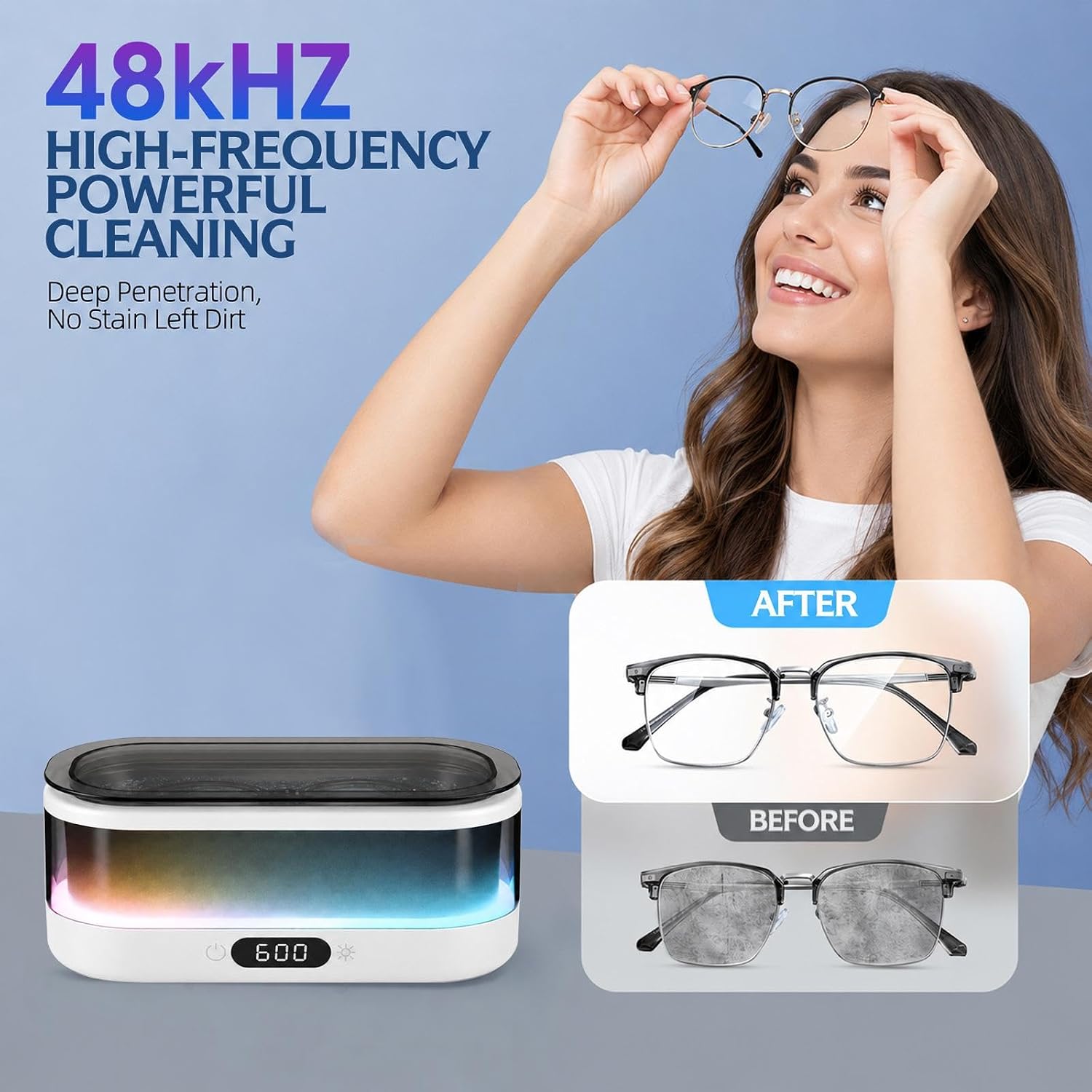 Ultrasonic Jewelry Cleaner Machine 48KHz Ultra Sonic Cleaner for Glasses, Rings, Watch Band, Dentures, Retainer, Cpap, Coins,350ML-304 Stainless Steel Tank, Digital Timer(Black)