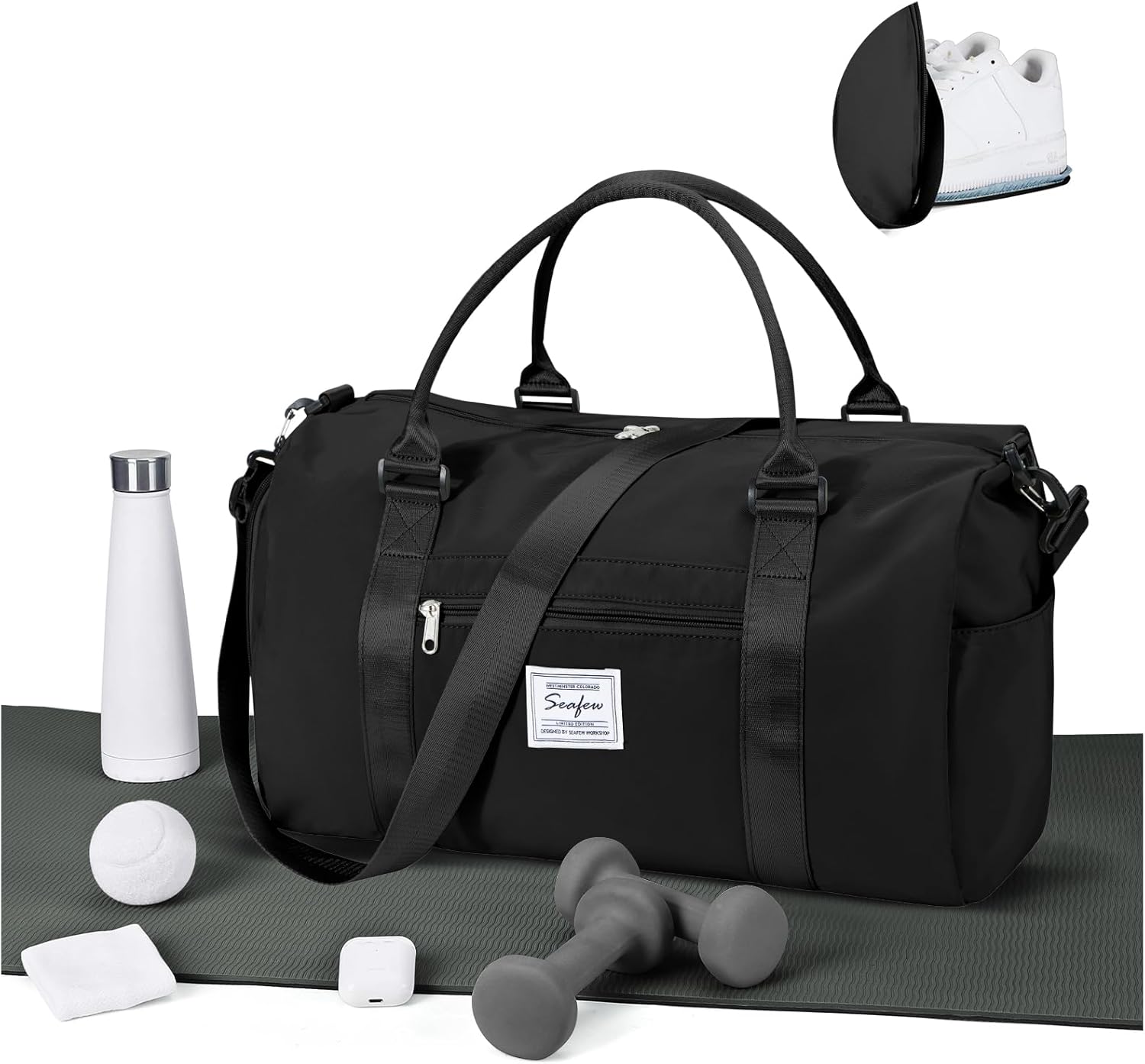 Gym Bag for Women Men with Shoes Compartment Sports Duffle Bag Personal item travel Duffel Bags Small Carry on Weekender Overnight Tote Bags Workout Dance Bags Hospital Holdalls Black