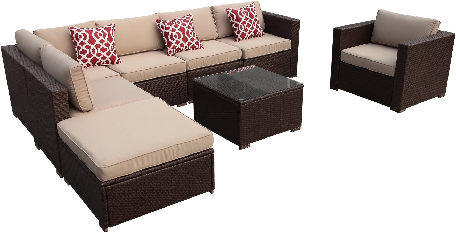 Patiorama Outdoor Furniture Sectional Sofa Set (8-Piece Set) All-Weather Brown Wicker with Beige Seat Cushions & Glass Coffee Table & Wiker Single Chair| Patio, Backyard, Pool