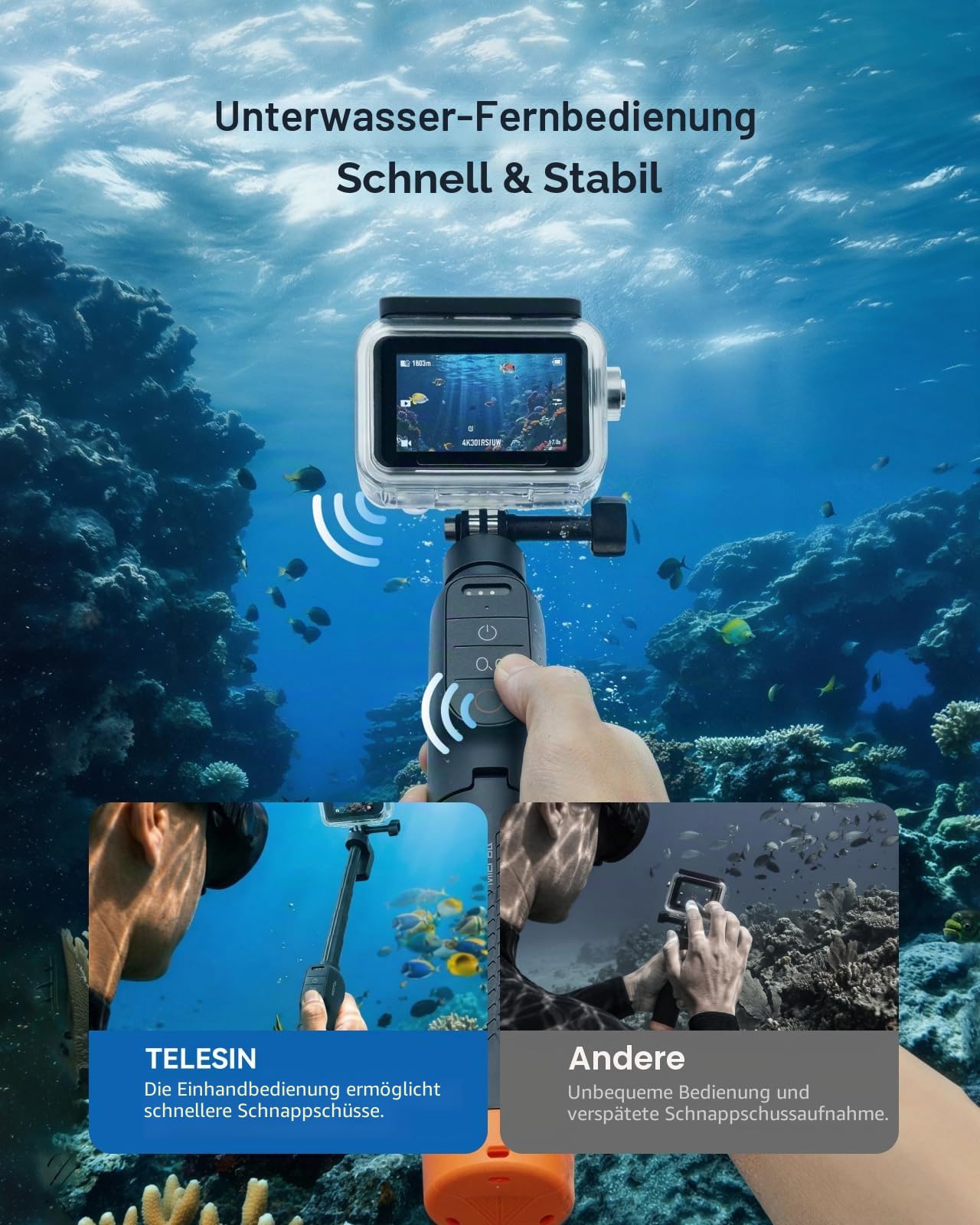 TELESIN Bluetooth-Schwimm-Selfie-Stick mit Stativ für DJI Osmo Action 6 5 Pro 4 – Wasserdichter, ausziehbarer 3-in-1-Stick (Handgriff & Stativ) mit Signalverstärker – Bis zu 15 m unter Wasser