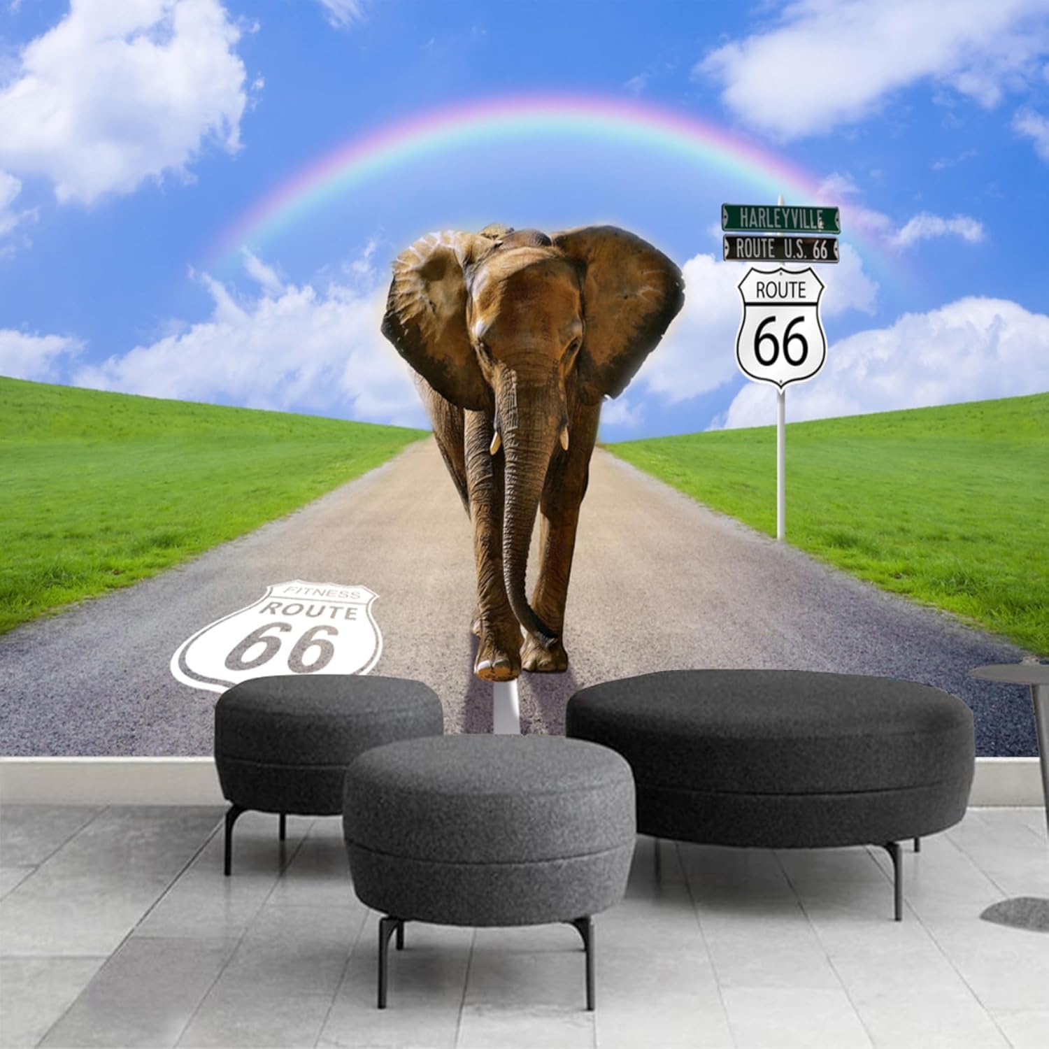 Papier Peint Soie éléphant 3D géant pour salon et chambre d'enfant route des prairies 350x245cm