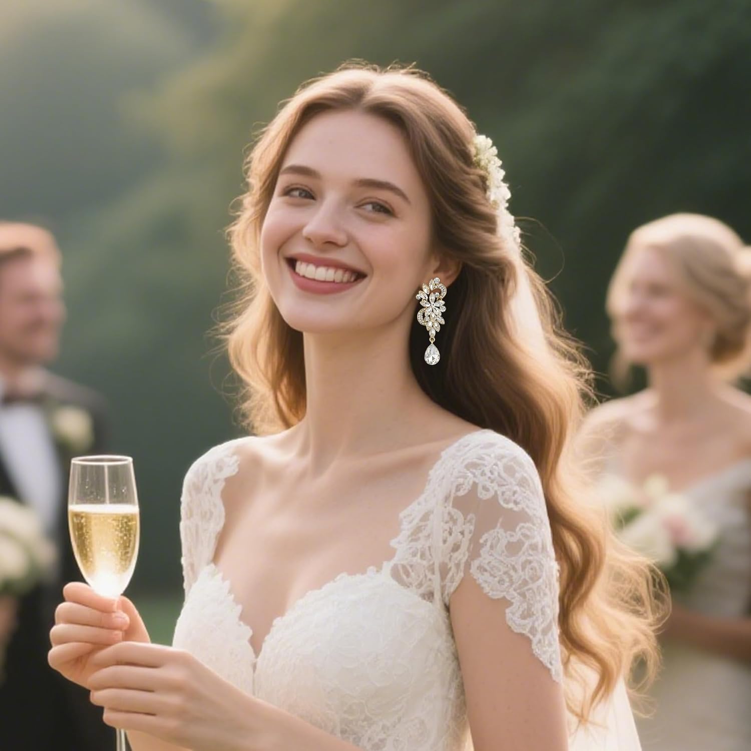 BriLove Women's Bohemian Boho Crystal Flower Wedding Bridal Chandelier Teardrop Bling Clip-On Dangle Earrings - Image 3