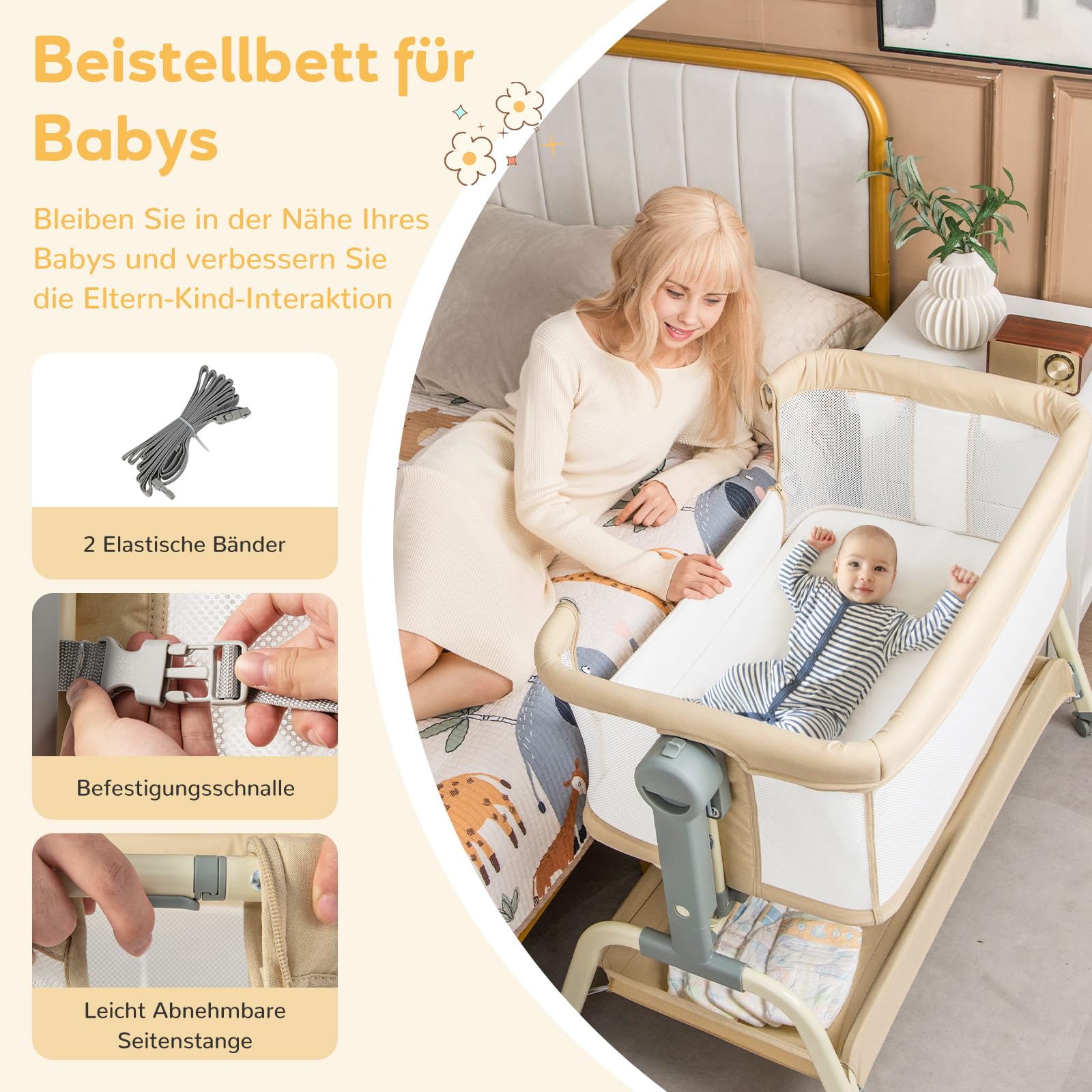 DREAMADE 3 in 1 Baby Beistellbett, 90 × 55cm Reisebett mit Matratze, Moskitonetz & 4 Rädern, 6-stufig-höhenverstellbar Stubenwagen mit Neigung, Babywiege für Säuglinge 0-6 Monate (Beige)