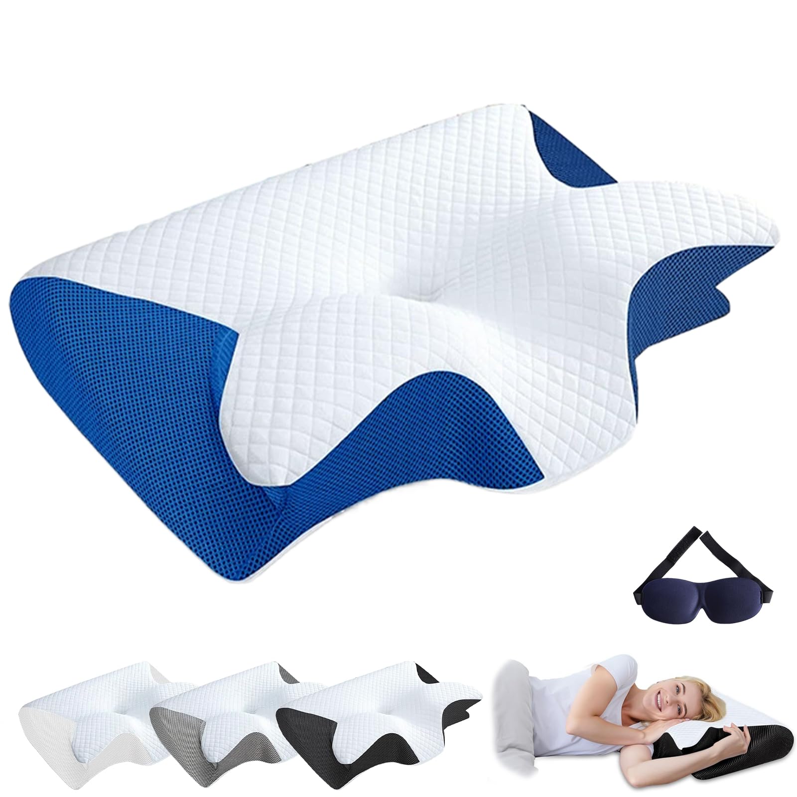 Fjaldjfu Blue Airway Pro Sleep Apnea Pillow, Sleep Apnea Relief Cervical Pillow, Ergonomic Memory Foam Orthopedics Pillows, For Side/Back/Stomach Sleepers With Removable Cover (Blue)