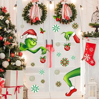Christmas Door Decals Decor Christmas Cartoon Character Door Stickers Xmas Green Elf Sweet Candy Decals Small Stickers for New Year Living Room Bedroom Office Door Wall Decor