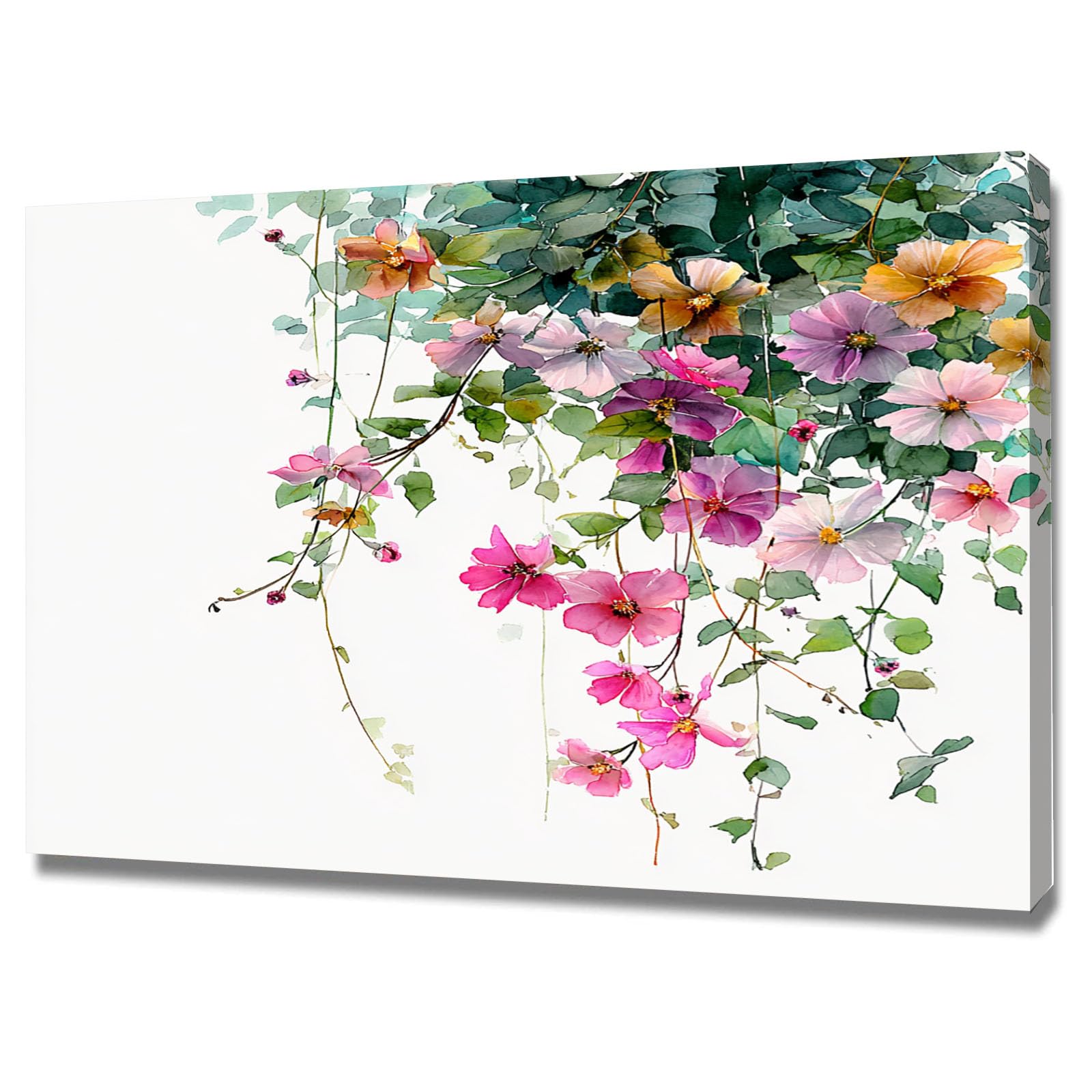 Teruea Pink Flowers Canvas Wall Art Prints Pictures Hanging Blush Violet Creeper Blooms & Green Leaf Watercolour For Kitchen Home Decor(Pink)-60X90cm1 Framed