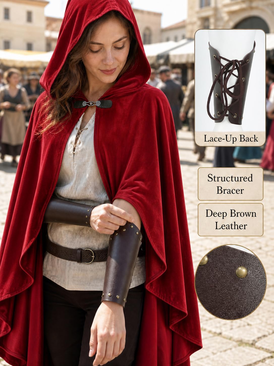 UQJE Medieval Cloak with Hood, Faux Velvet Cape for Renaissance Costume