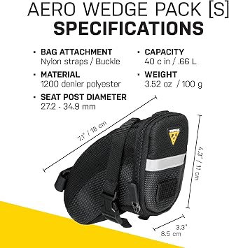 Topeak Aero Wedge Pack (Small, Strap Mount) Aerodynamic Seat Bag for Tubes & Tools, Polyester, Reflective Trim, Quick-Release Strap System Fits All Railed Saddles, Durable Compact Cycling Storage | bike-wedges
