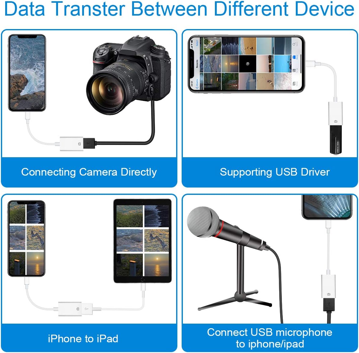 Adaptador de câmera Lightning para USB, adaptador de cabo Lightning fêmea USB OTG para iPhone selecionado, modelos iPad, câmera de conexão, leitor de cartão mouse teclado