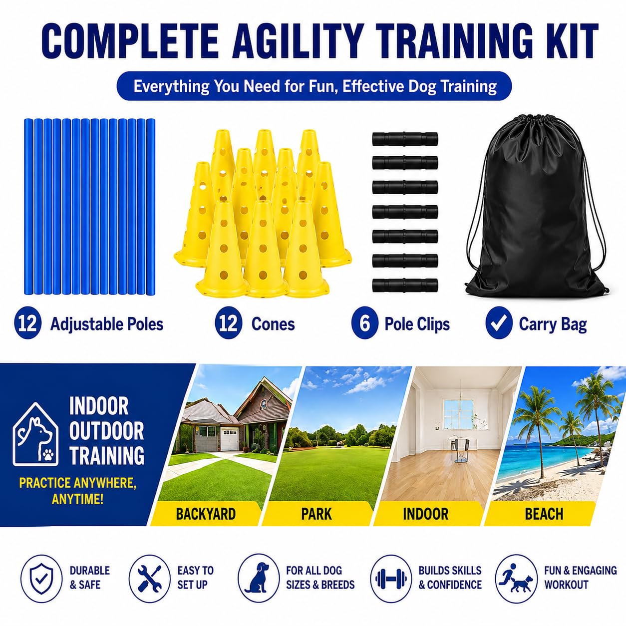 Agility Set Hunde mit 6 Hürden, Cavaletti Hund Trainingsset, 12 Verstellbare Stangen & 12 Pylonen mit Tragetasche, Hunde Agility Zubehör für Hundetraining, Hundesport, Hobby Horse & Kinder Parcours