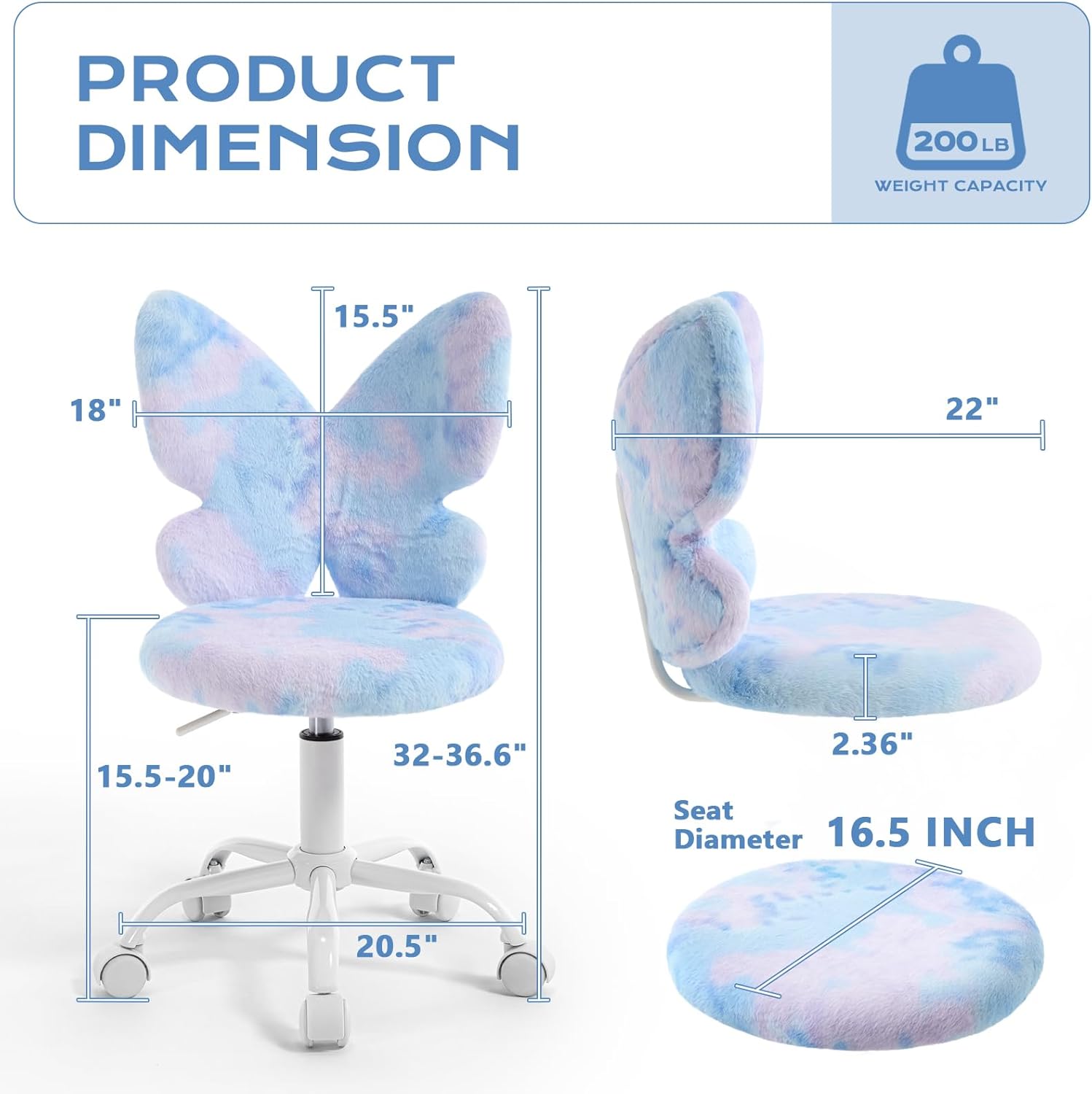 Lessmore Blue Girls Desk Chair - Comfy Swivel Kids Desk Chair for Girls Room, Fluffy Butterfly Kids Office Chair for Reading & Vanity,Blue