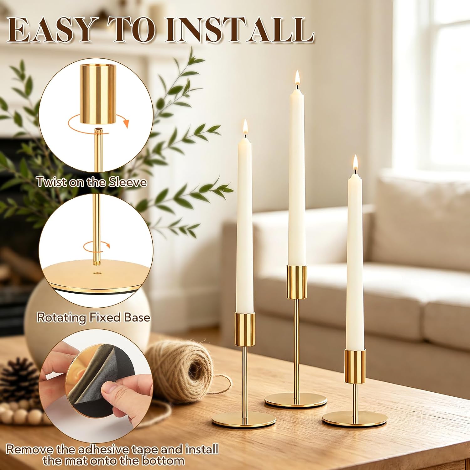 24 Pcs French Gold Taper Candle Holders Bulk Modern Decorative Candlestick Holders in 3 Heights for Wedding Table Centerpiece, Christmas Mantel Decoration,Dining Table and Housewarming Gift(8 Sets)