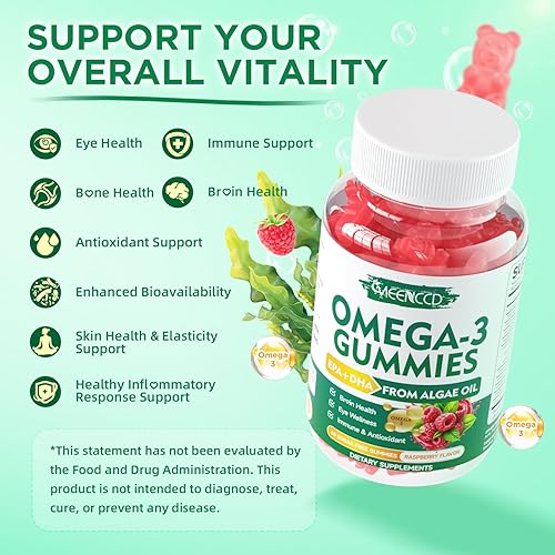 Miniatura 3 de Gomitas veganas Omega-3 de 1000 mg, alternativa de aceite de pescado Omega 3 para adultos, DHA a base de algas 600 mg y EPA 300 mg + vitaminas A, C,