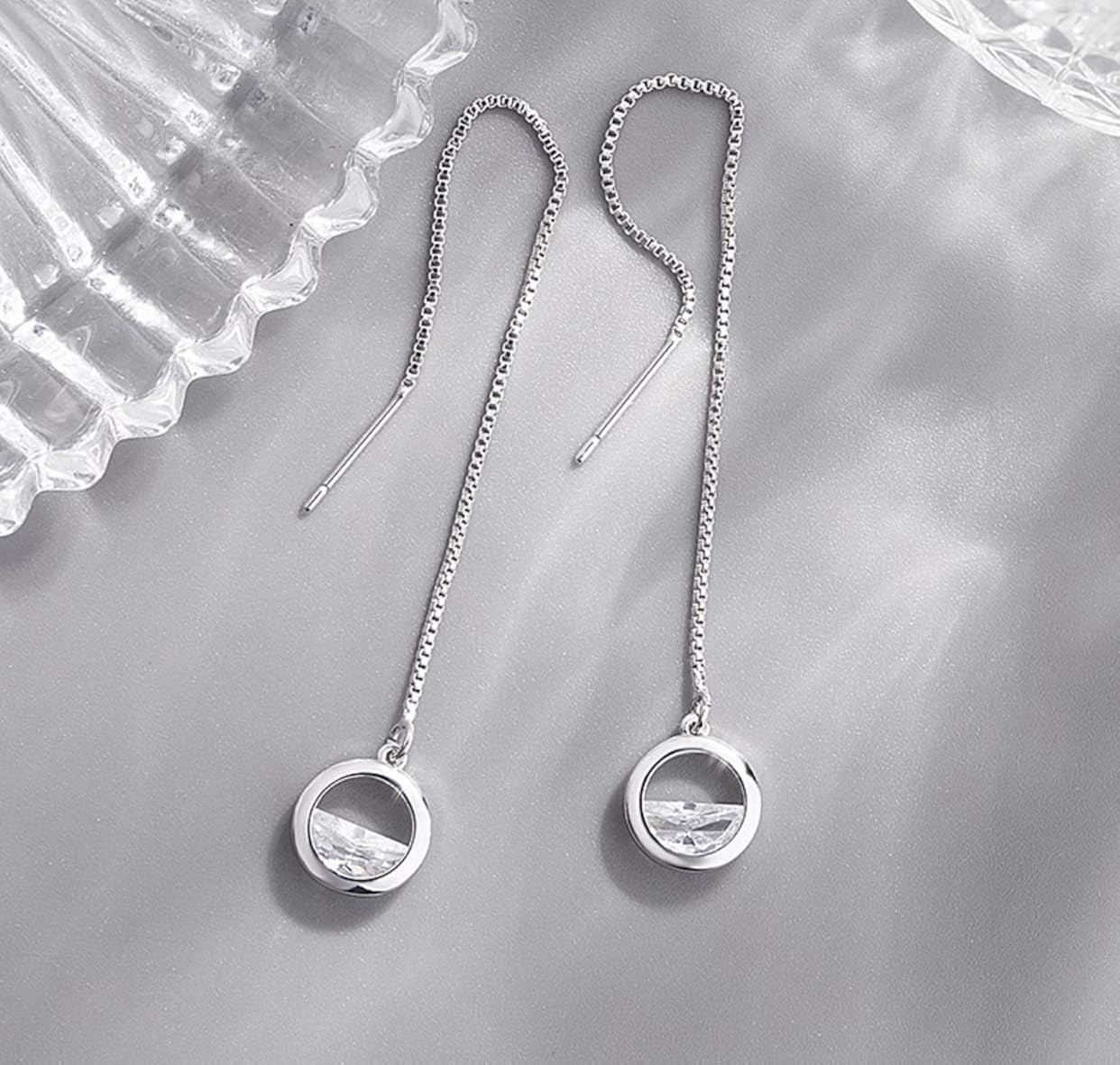 Iszie 925 Sterling Silver Half Cubic Zirconia Crystal Circle Threader Dangle Pull Through Circle Women's Earrings - Image 4
