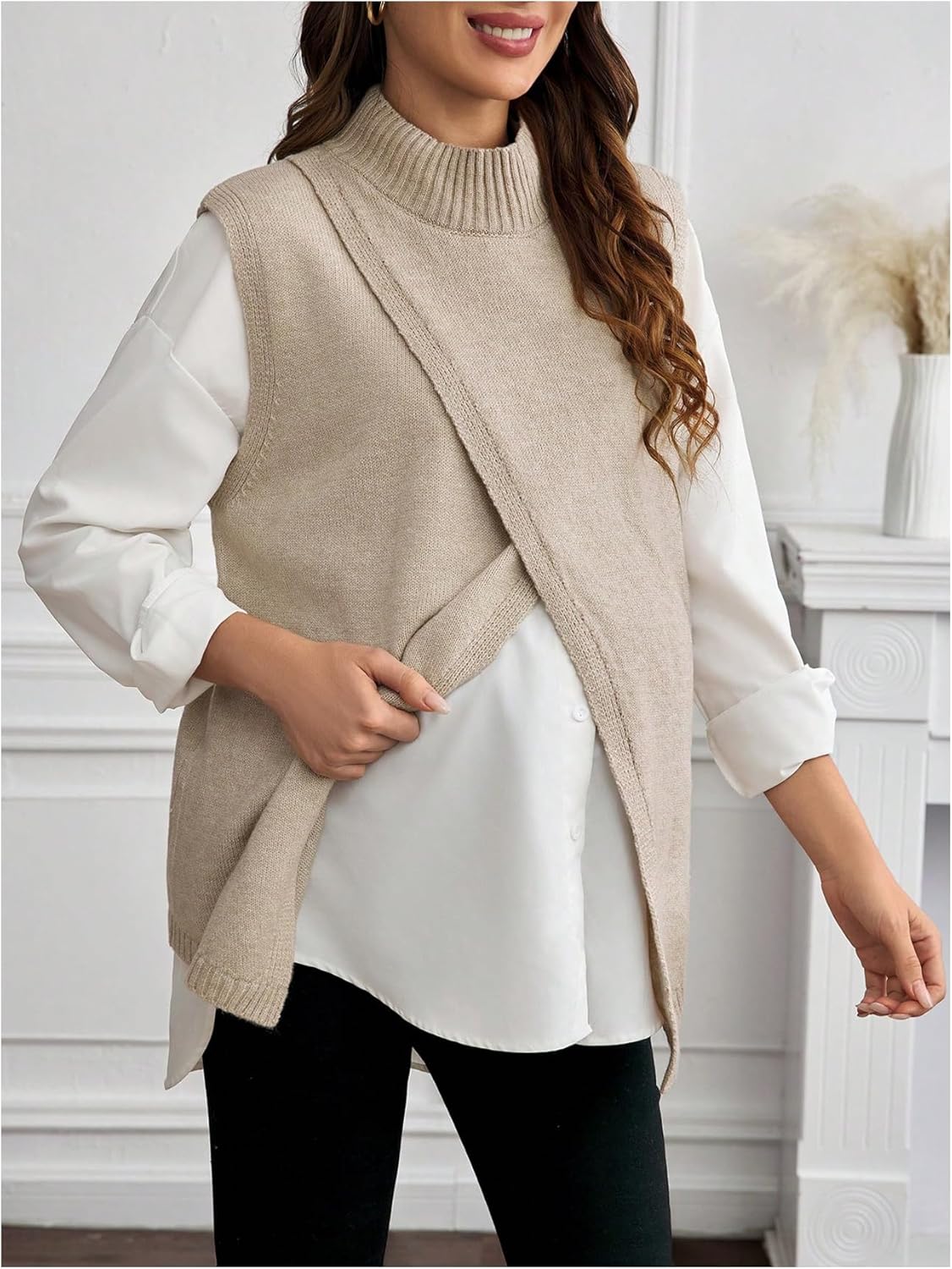 MakeMeChic Women's Maternity Sweater Vest Mock Neck Split Hem Sleeveless Fall Pregnancy Knit Top - Image 2