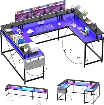 U Shaped Computer Gaming Desk with Power Outlets & LED Lights, Monitor Stand,Reversible L Shaped Desk Large Corner Desk with Storage Shelves for Home Office, Black