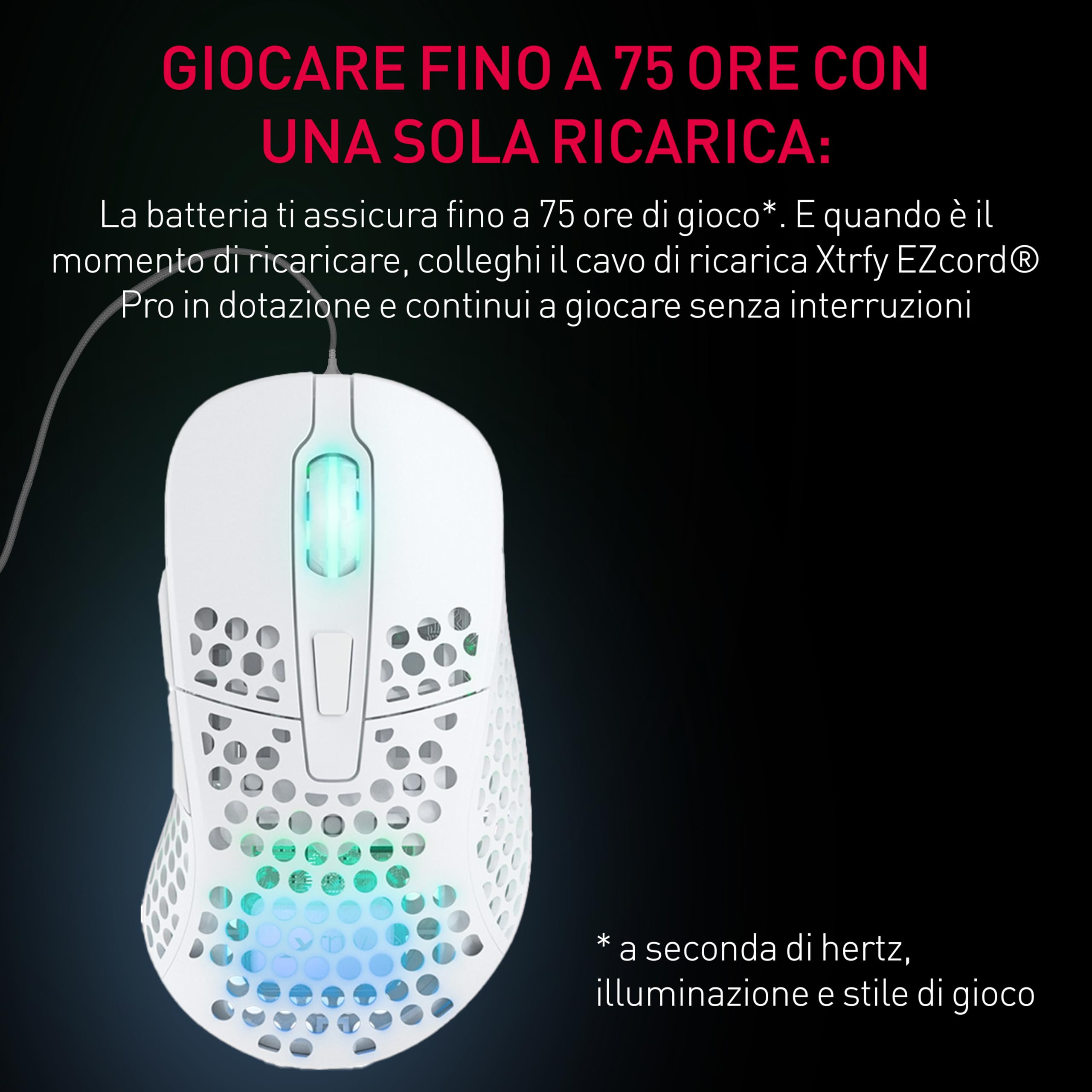 Xtrfy M4 Wireless, Mouse da Gioco Ultraleggero Senza Fili, Ottimizzato per Gaming Competitivo, Wireless 2,4 GHz, Illuminazione RGB, Mouse Ergonomico per Destrimani Adattabile Ricaricabile, Bianco