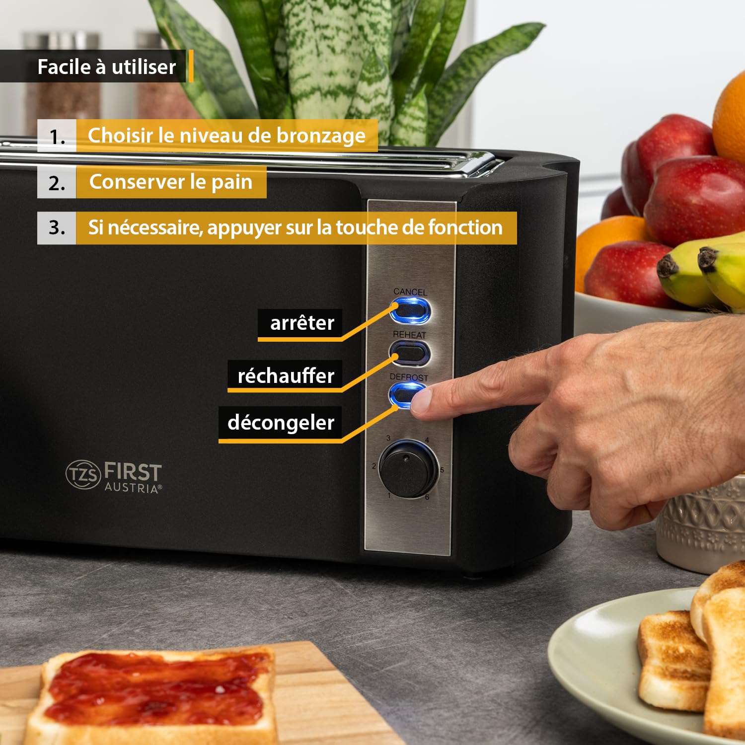 TZS First Austria – Grille-pain inox longue fente 4 tranches – 6 niveaux de brunissage, fonction décongélation – 1500W – Avec réchauffe-petits pains & tiroir ramasse-miettes – Noir mat