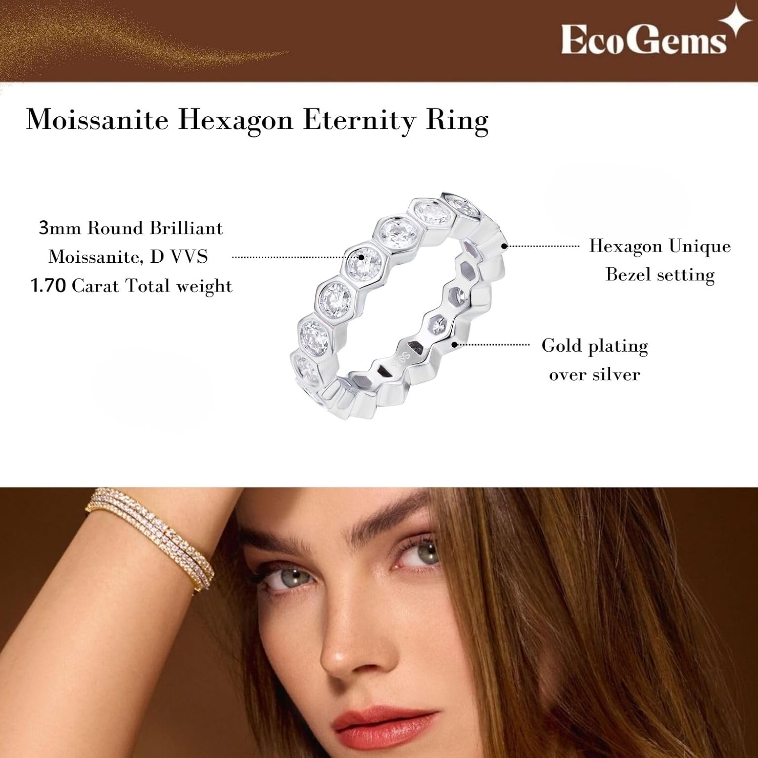 18K White/Yellow Gold Plated Silver Eternity Ring With 1.70 Carat Total Weight Moissanite (D Color, Round Brilliant, VVS Clarity) Ring For Women, Gift For Her Jewelry For Women Comes With Gift Box - Image 3