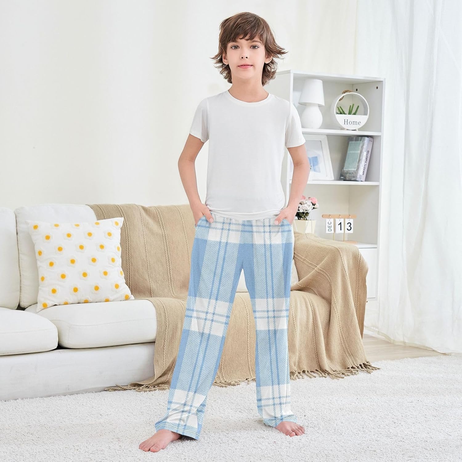 Classic Plaid Blue White Pajama Pants Soft Cotton Modal Blend Lightweight Sleepwear, Elastic Waist Pockets
