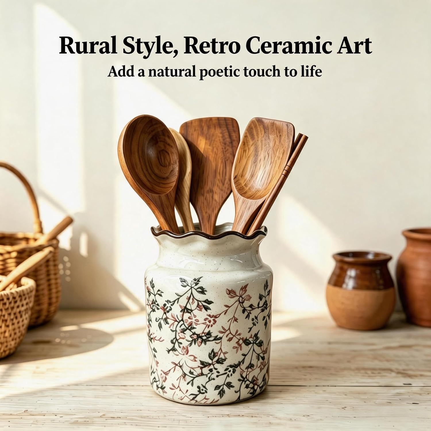 Ceramic Utensil Holder, Vintage Flowers Kitchen Utensil Holder
