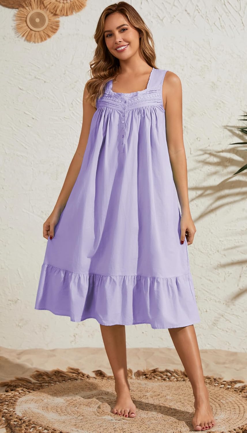 100% Cotton Nightgowns for Women Soft Sleeveless Tank Night Gowns Sleepwear with Pockets - Image 6