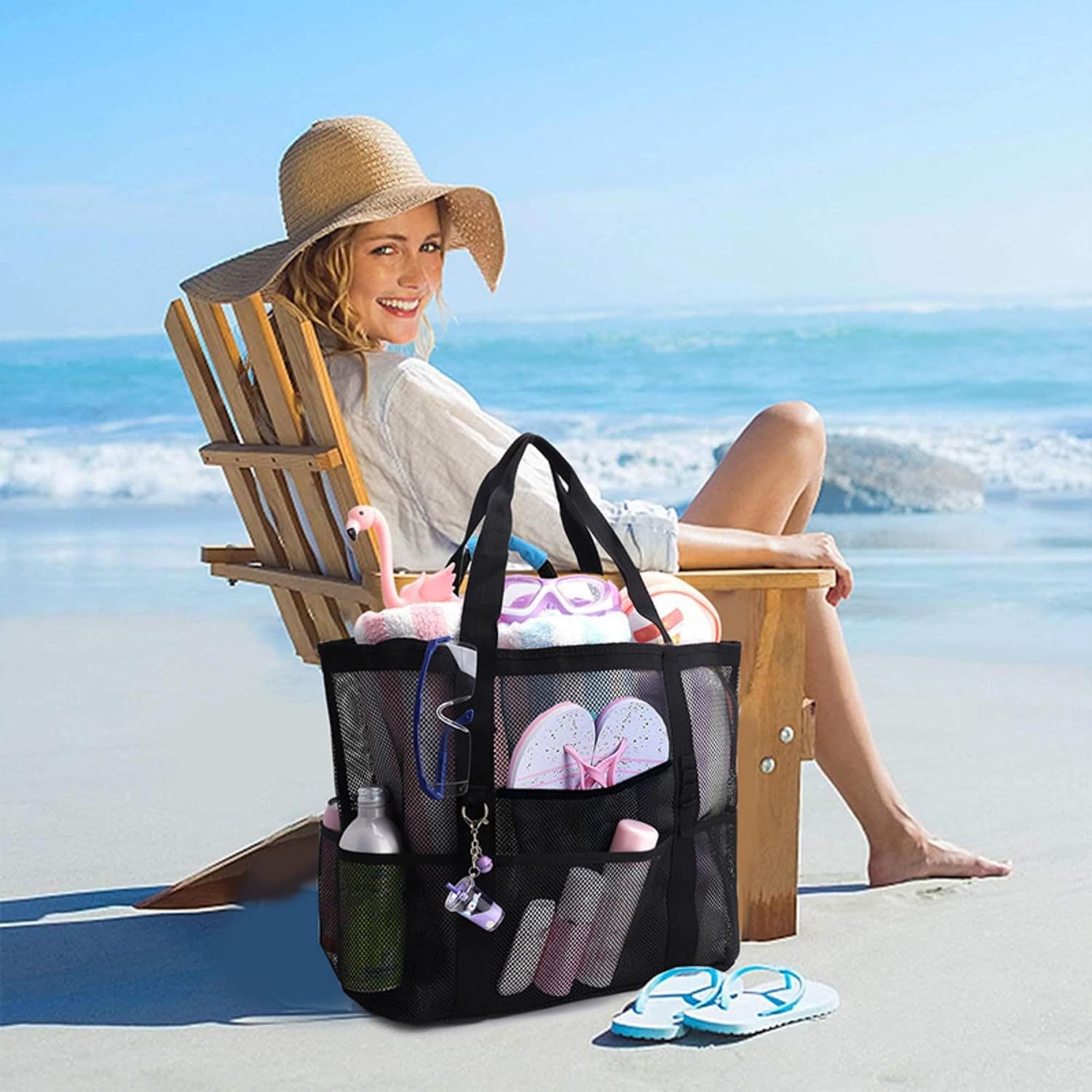 Mesh Beach Bags, Large Waterproof and Sandproof Tote Bag for Beach Vacation Essentials for Travel, Summer Accessories