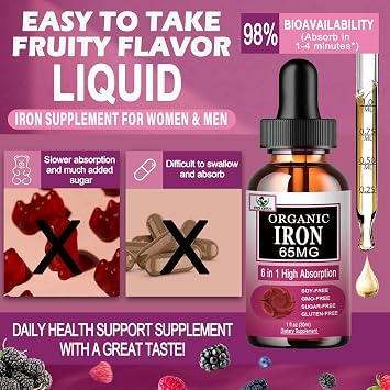Vita letuo Iron Supplement for Women with Vitamin C,6-in-1 Liquid Supplement w/Vitamin B12,Vitamin B6,High Absorption Liquid Iron Drops for Red Blood Cells & Immune Support,Non-GMO, Gluten Free