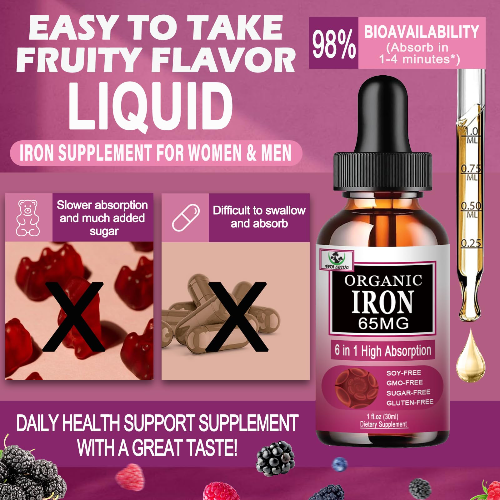 Vita letuo Iron Supplement for Women with Vitamin C,6-in-1 Liquid Supplement w/Vitamin B12,Vitamin B6,High Absorption Liquid Iron Drops for Red Blood Cells & Immune Support,Non-GMO, Gluten Free — Amazon image 6