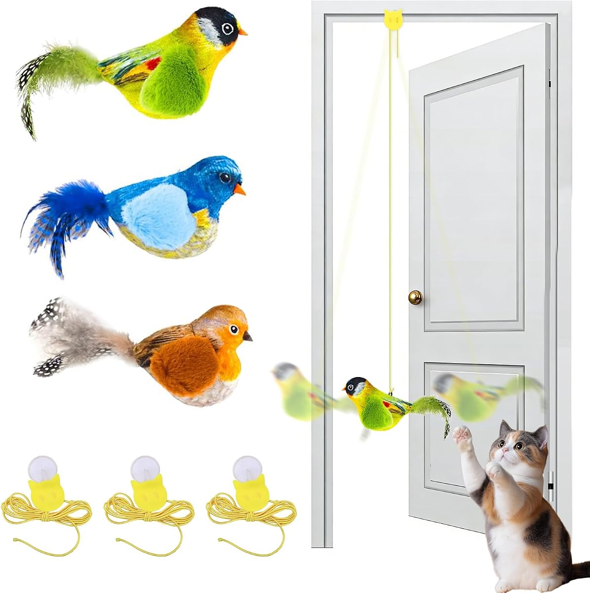 3 Pack Interactive Cat Toys with Chirping Bird Sound – Door Frame Cat Toy Hanging Teaser, Automatic Cat Door Toy for Indoor Cats, Feather Toy for Bored Cats